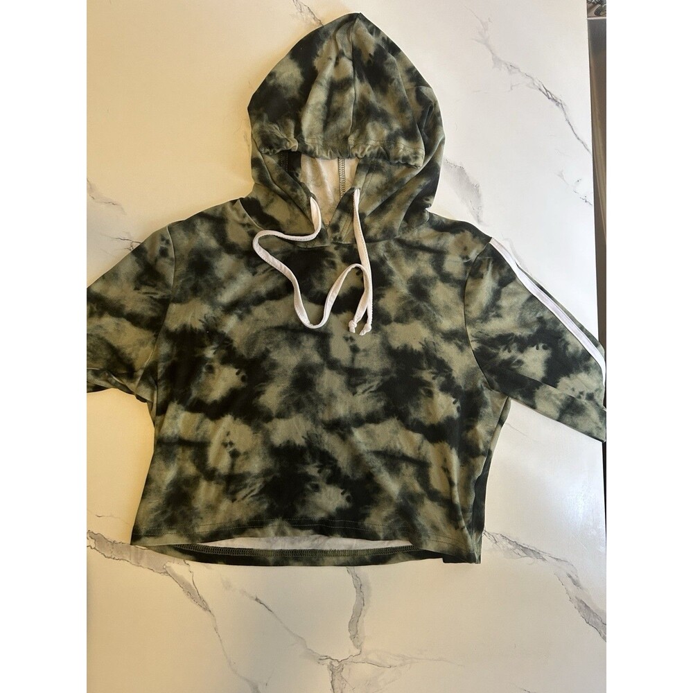 Women’s Feathers XL Tie Dye Hoodie Green Black White Stripe Sleeve Pullover